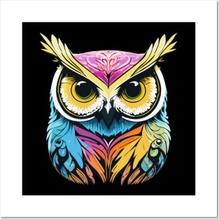 t-shirt design, colorful owl with yellow eyes on a black background, an airbrush painting Posters and Art